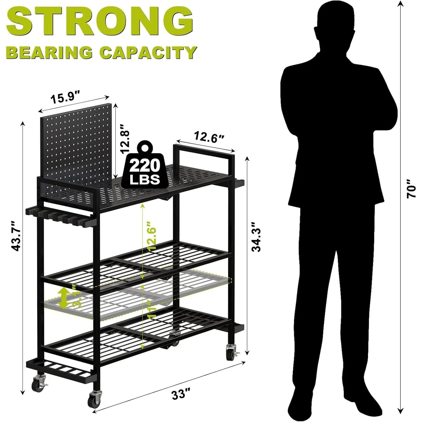 Garage fishing rod rack, fishing rod rack with wheels and pegboard, perfect for storing fishing tackle, backpacks and equipment