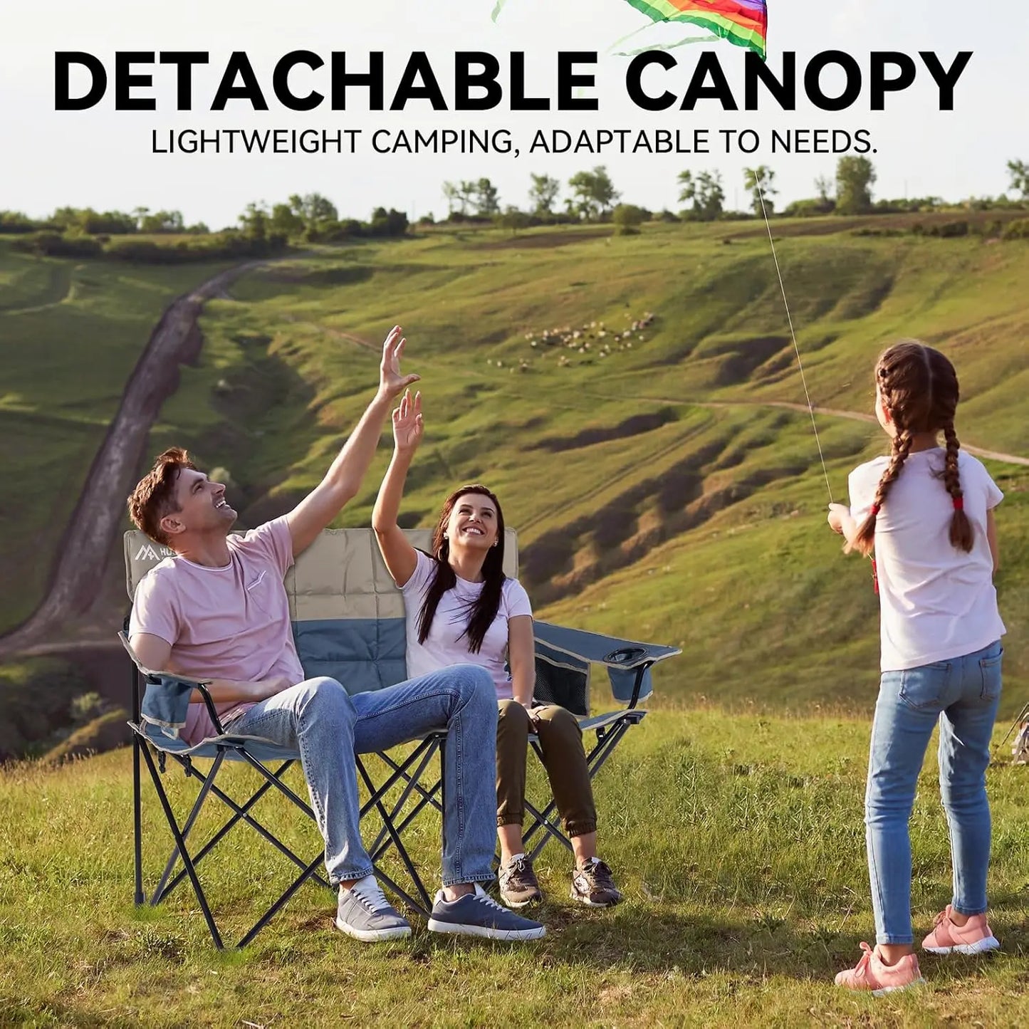 Double Camping Chair with Removable Canopy, Cup Holders & Cooler Bag for Beach, Fishing, Outdoor Use