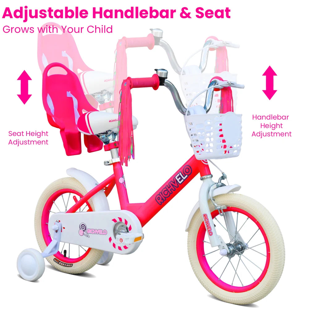 Kids Bike for Girls 12 14 16 Inch with Training Wheels, Adjustable Seat, Front Basket, Doll Seat & Colorful Streamers, Toddler Bicycle for 2-7 Years Old, Red Kids' Bikes for Birthday Gift