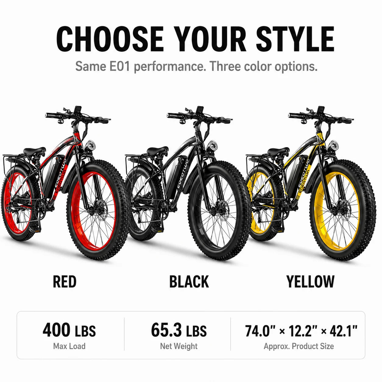 EOEOTWO 26" Fat Tire Electric Bike for Adults, 1000W Motor 1500W Peak, 48V 15Ah Battery, 34 MPH Max Speed, Up to 60 Miles Long Range