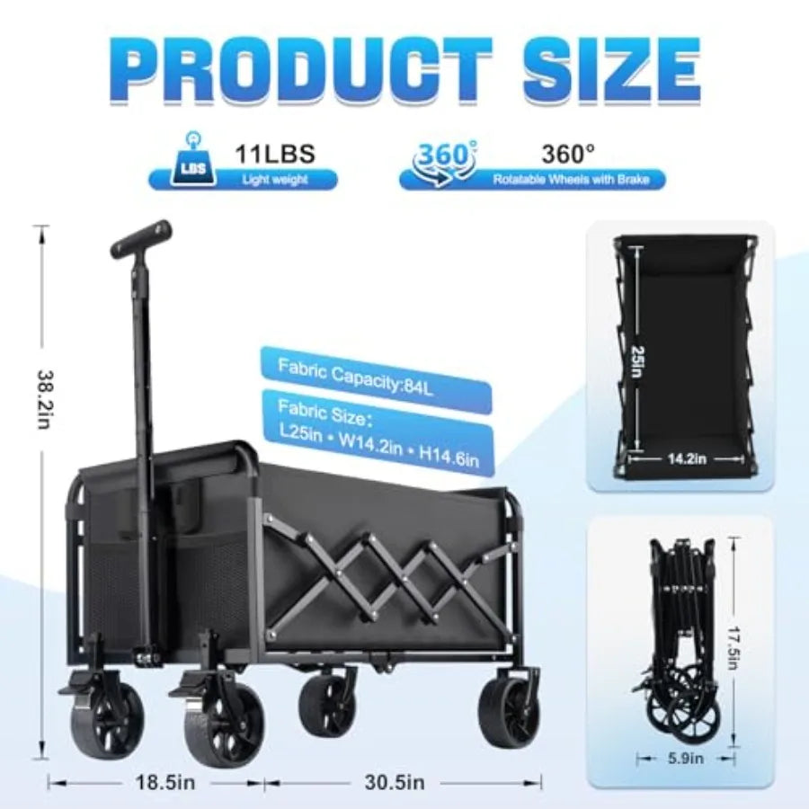 Collapsible Wagon Cart Foldable with Wheels - Heavy Duty Portable Folding Utility Shopping Cart with 360° Swivel Brakes Wheels