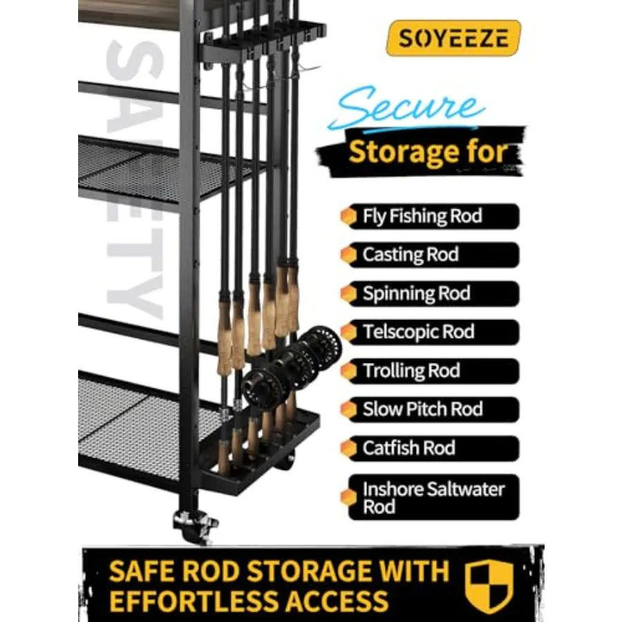 Fishing Rod Holder Rotating Fishing Pole Holders for Garage 12- Rod Storage Cart with Pegboard for Fishing Gear Equipment and T