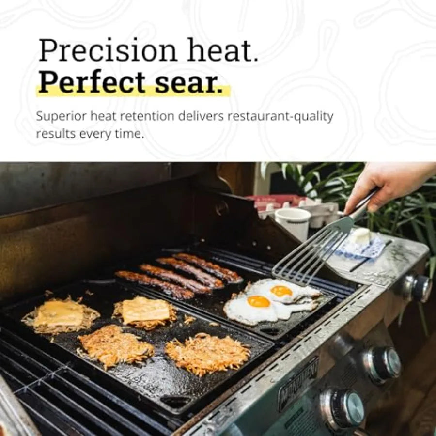 Reversible Cast Iron Grill/Griddle Pan 16.75 x 9.5 - Pre-Seasoned Dual-Sided Double Burner for BBQ, Eggs, Pancakes, Burgers - P