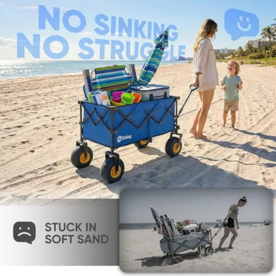 Heavy Duty Beach Wagon with 9 Sand-Proof All-Terrain Wheels 600lb Capacity 200L Oversized Foldable Cart for Sand Camping Grocer