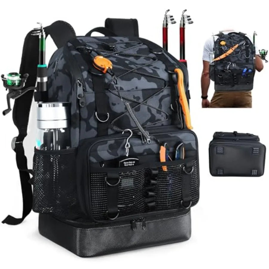 Fishing Backpack with Rod Holder Heavy Duty Fishing Bag with Waterproof Bottom Tackle Backpack Gifts for Man Woman