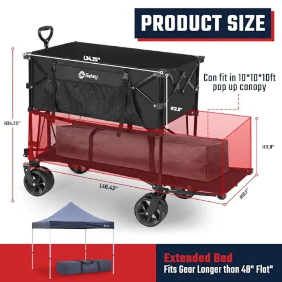 Heavy Duty Double Decker Wagon for Camping Sports, Steel Frame, Black, 500LBS Capacity, 400L Collapsible Garden Cart with Exten