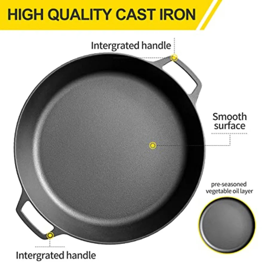 Pre-Seasoned Large Cast Iron Skillet 17 Inch Dual Handle Outdoor Camping Frying Pan Pizza Pan Use for Grill Stovetop Induction