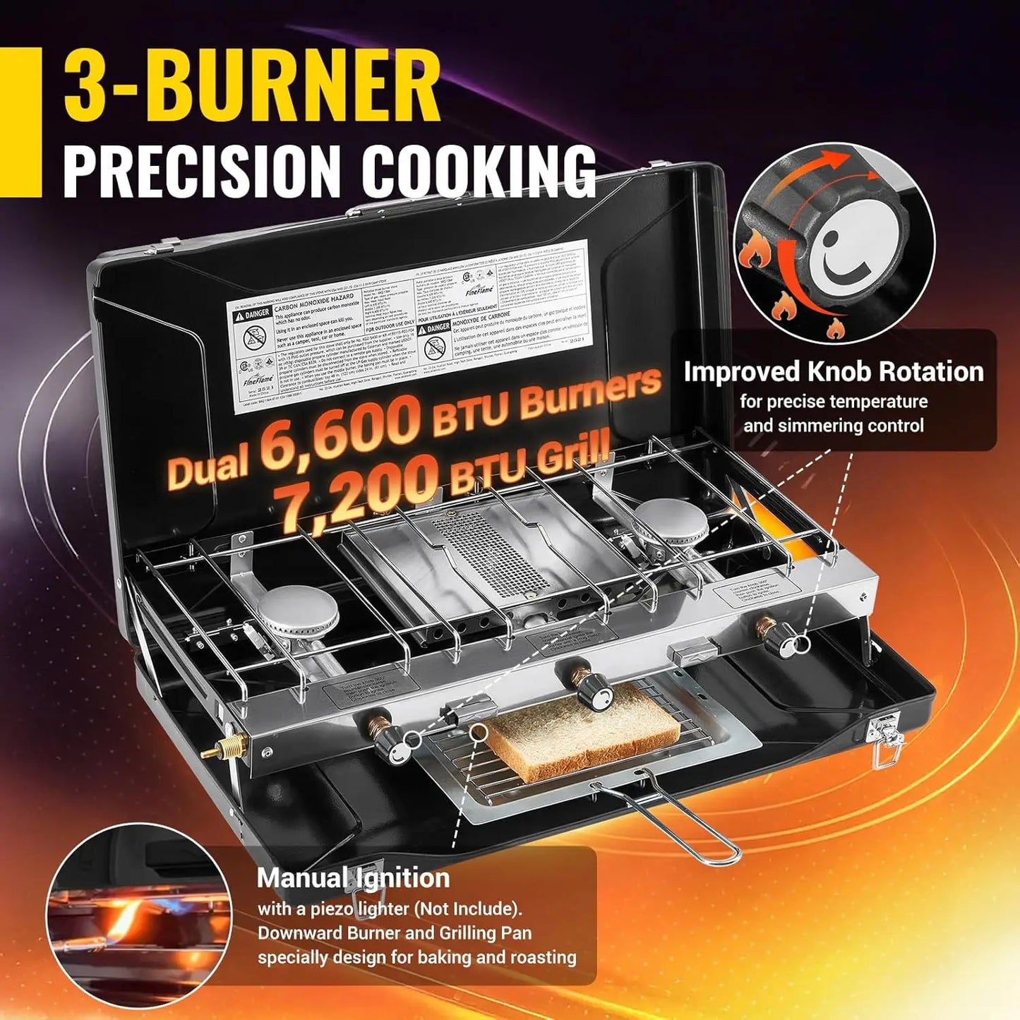 3-Burner Propane Camping Stove, 20400 BTUs, Portable with Push-Button Ignition & Wind Guards for Outdoor Cooking