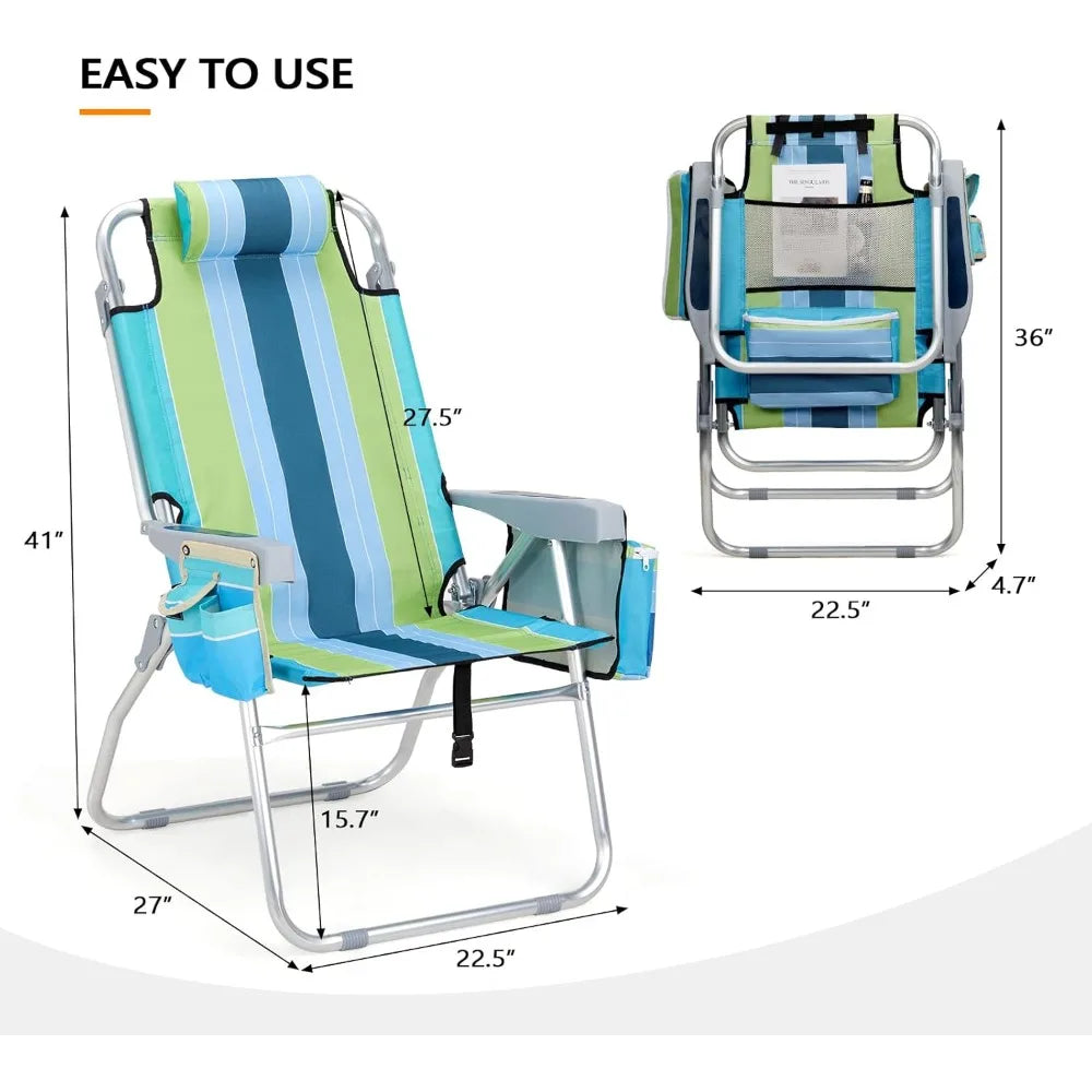 Tall Beach Chair 2 Pack, with 5-Position, Cooler Bag, Cup Holders,Towel Bar, Lightweight Folding Beach Camping Chairs for Adults