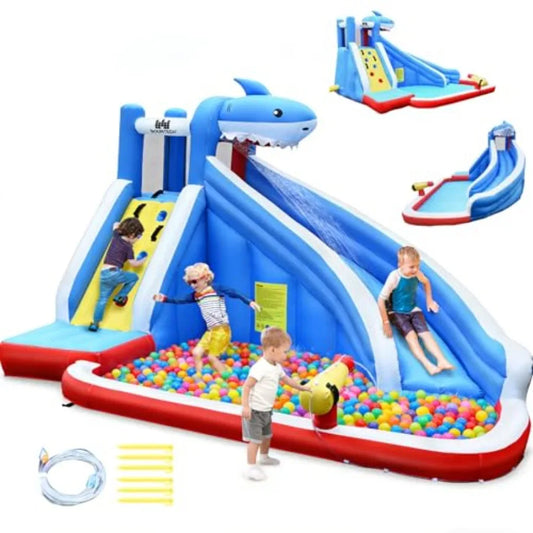 Inflatable Water Slide Shark Bounce House with Long Slide Climbing Wall Water Cannon Splash Pool for Outdoor Backyard Inflatabl