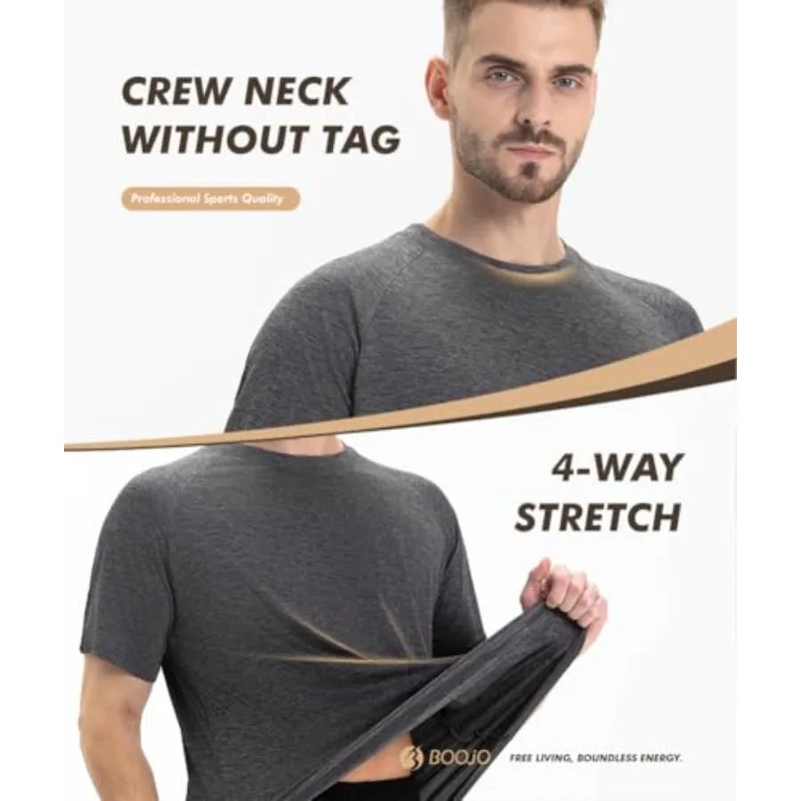 BOOJO 5 Pack Workout Shirts for Men-Quick Dry Black Gym Moisture Wicking Short Sleeve T-Shirts for Running Athletic Casual
