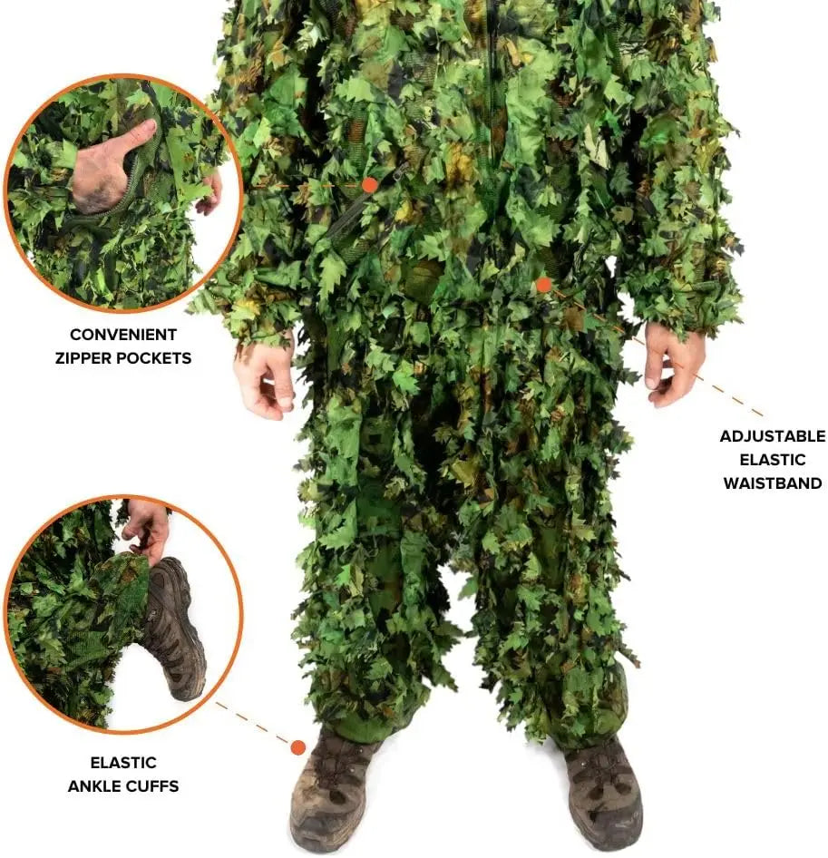 3D Leafy Ghillie Suit - 1000 Laser-Cut Leaves, Lightweight Breathable Camo for Hunting Paintball Airsoft