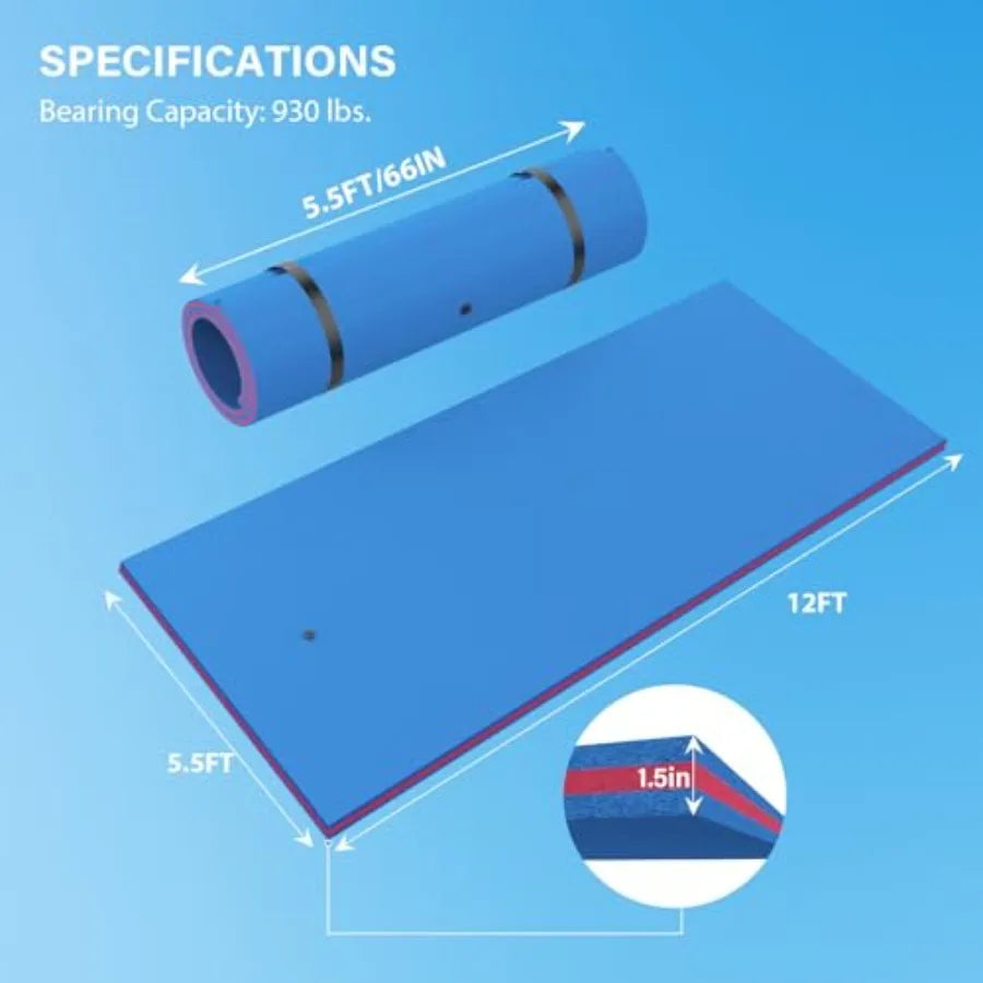 Pool Party Floating Water Mat For Lake Beach Ocean Recreation Heavy-Duty 3-Layer XPE Foam In Blue Extra Large 12 X 5.5 Ft Capac