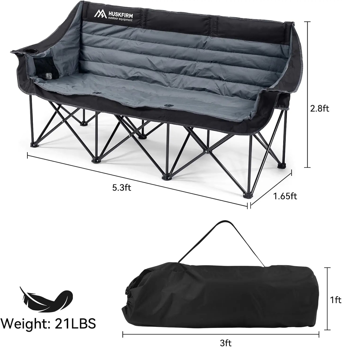 3 Person Folding Camping Chair, Heavy Duty Portable Outdoor Loveseat with Cup Holders & Carry Bag