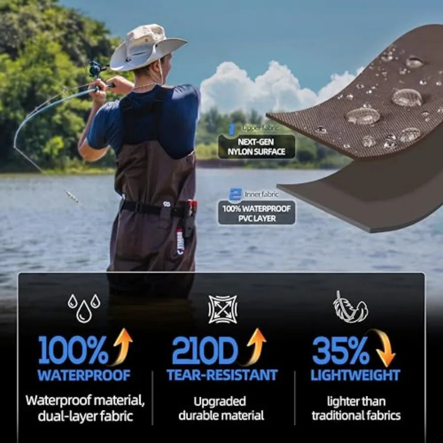 Upgraded 210D Nylon Chest Waders with Boots - Waterproof PVC Fishing and Hunting Waders for Men, Breathable Wading Gear