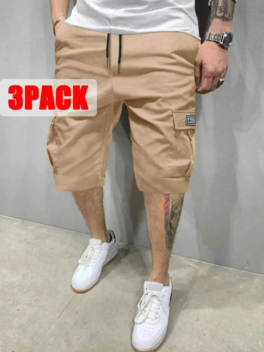 Mens 3-Pack Polyester Cargo Shorts With Drawstring Waist And Multiple Pockets For Outdoor Casual Summer Wear