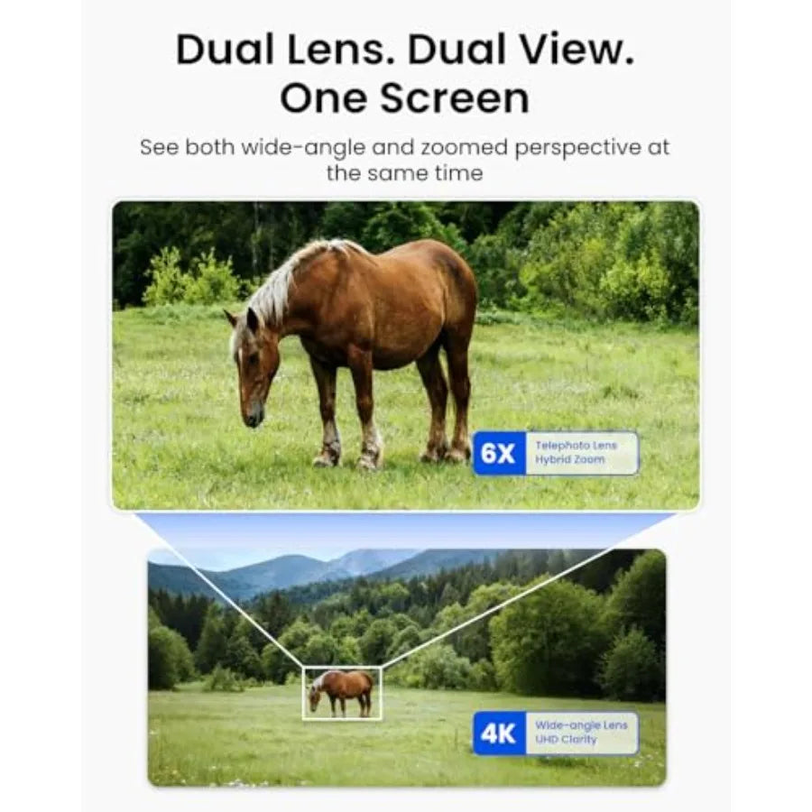 Wildlife monitoring outdoor security camera with 4K dual lens, 4G cellular connectivity, 6X hybrid zoom, IP66 waterproof housin