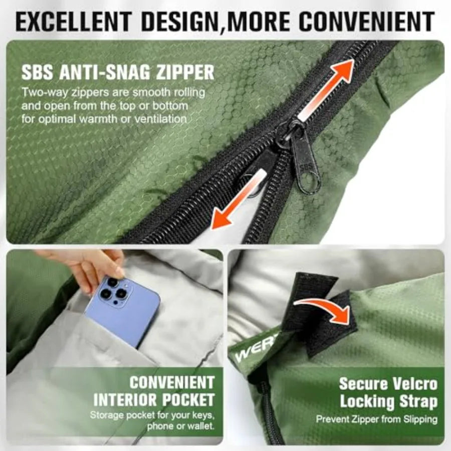 0 Degree Sleeping Bag for Adults, XXL Big and Tall 4 Season Cold Weather Winter Camping with Compression Sack