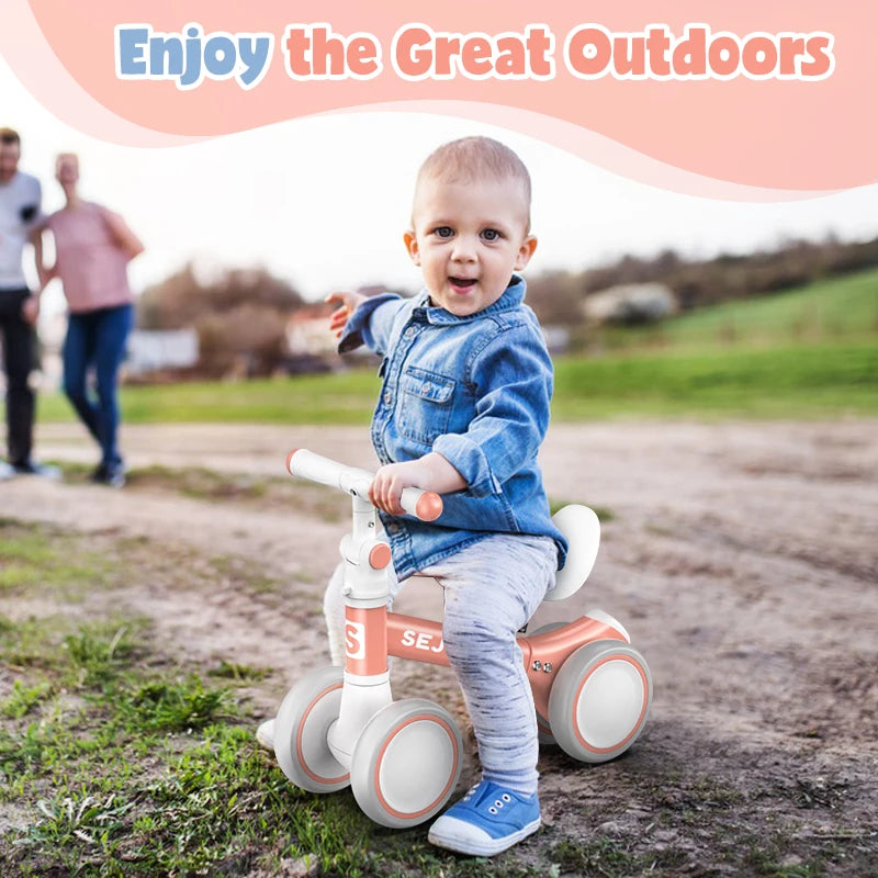 SEJOY Baby Balance Bike Ride Toy for 1-3 Year Adjustable Seat,,Pedal-free 4-Wheels Baby Toddler, Sturdy Steel Frame, Non-Slip Handles, Soft PU Seat, Indoor Outdoor Play, First Birthday Gift for Toddler Boys Girls