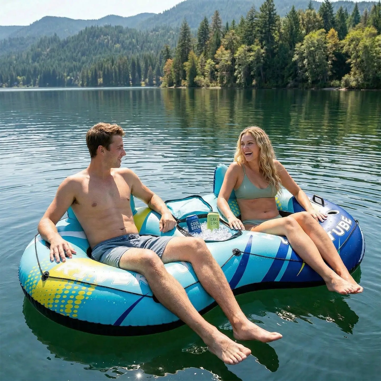 2-Person Inflatable River Tube Float With Built-In Storage Bag For Ice, Double Pool Lounge Chair With Backrest & Cup Holders, Breathable Water Floating Raft For Pool Lake Beach Summer Water Party, 2 Pattern Options., Pool Inf