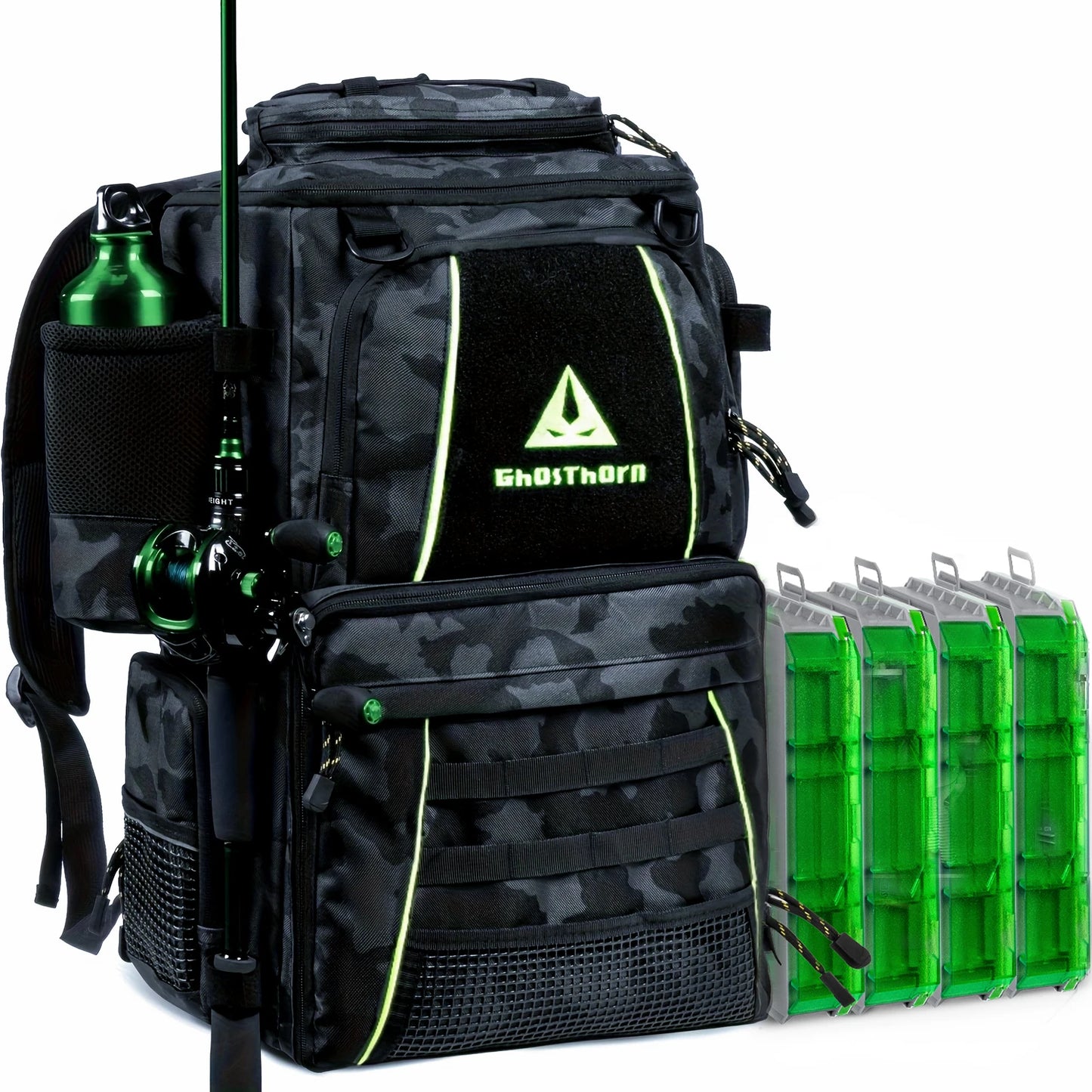 Ghosthorn 43L Fishing Backpack with 4×3600 Tackle Boxes, Rod Holder & Detachable Waist Bag, Waterproof
