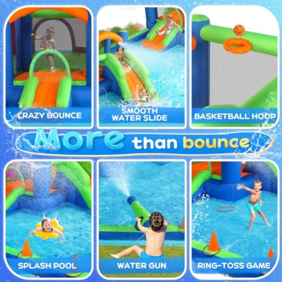 Inflatable Water Slide Bounce House for 3-6, 30s Blow Up Water Slide w/Basketball Hoop, Water Cannon, Ring-Toss Game, Inflatabl