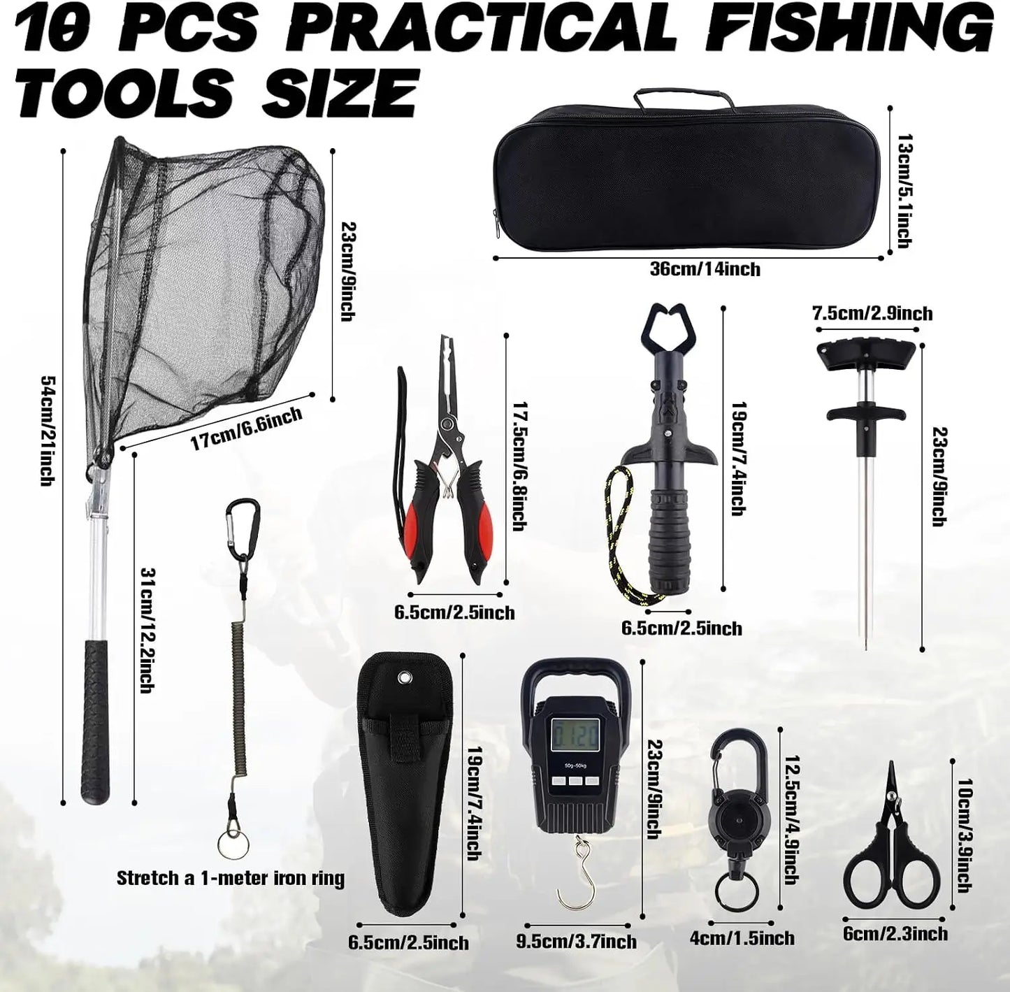 10Pcs Fishing Accessory Tool Set Foldable Landing Net Pliers Gripper Scale Scissors with Carry Bag Outdoor Angling Gift