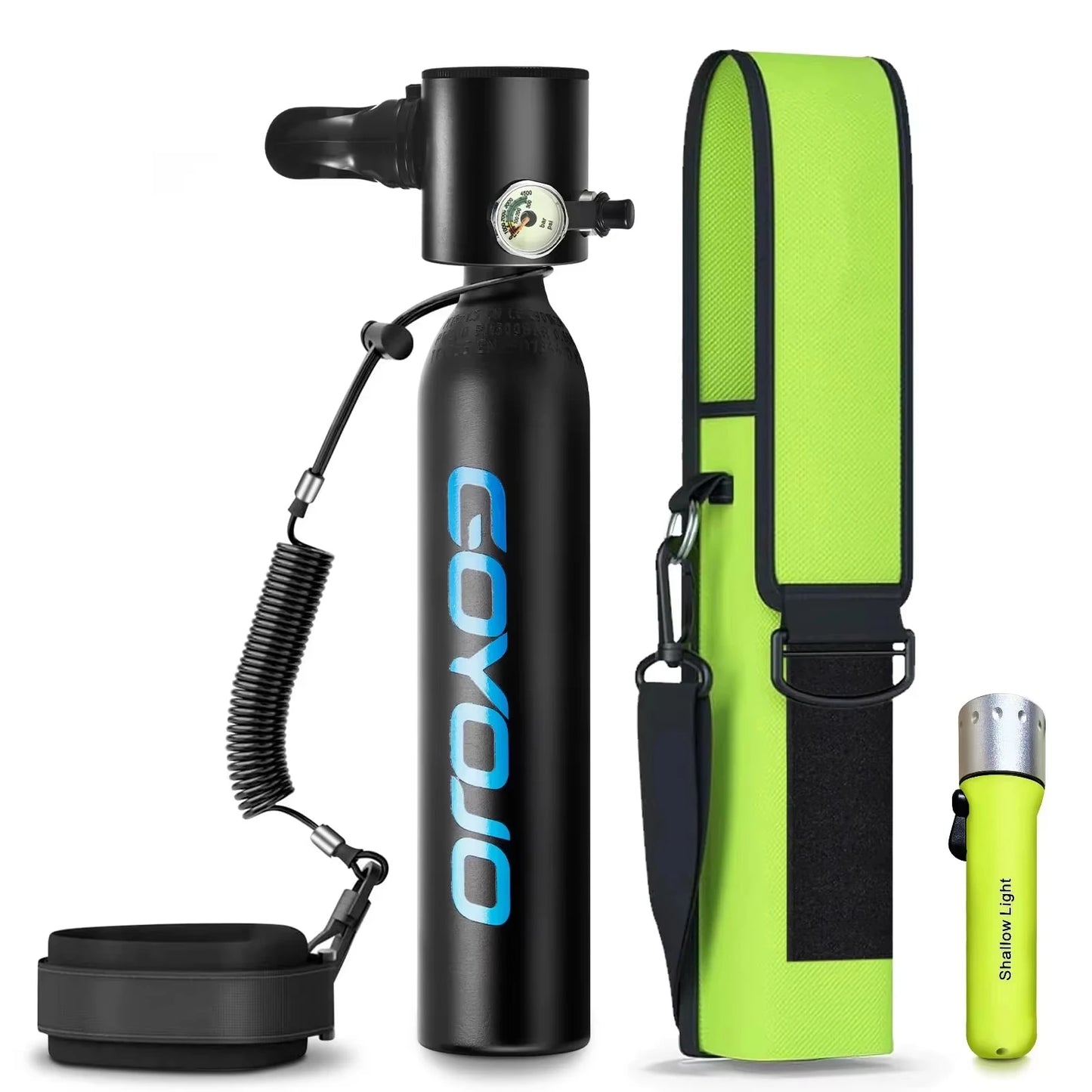 GOYOJO Mini Scuba Tank 0.5L Portable Reusable Diving Tank With  flashlight Emergency Diving Cylinder for Snorkeling, Freediving, Boat Cleaning & Air Backup Lightweight & Compact Design Pony Bottle