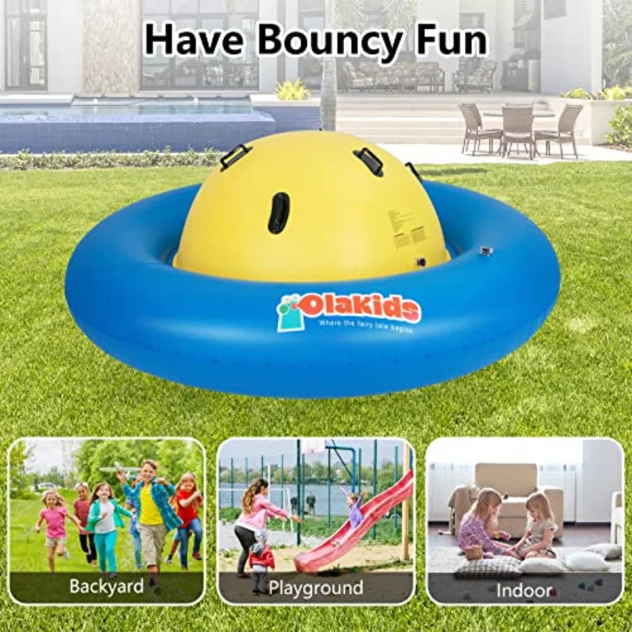 Outdoor kids inflatable dome rocker bouncer in blue durable PVC material features 6 secure handles and roll-and-play seesaw fun