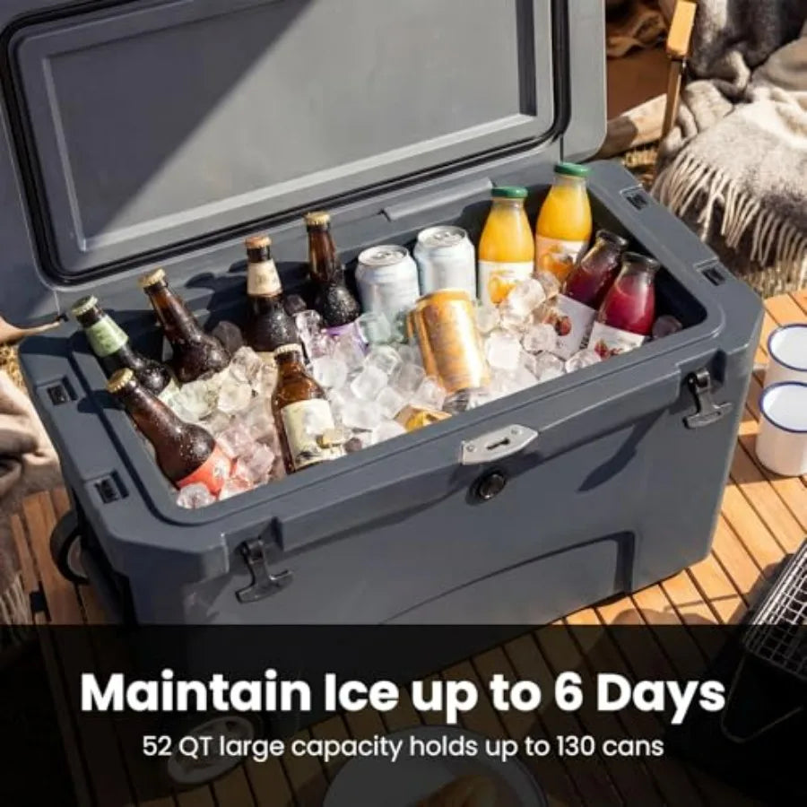 Portable Hard Cooler for Camping, Fishing, Beach: Rotomolded Polyethylene, Gray, 6-Day Ice Retention, Rolling Design with Teles