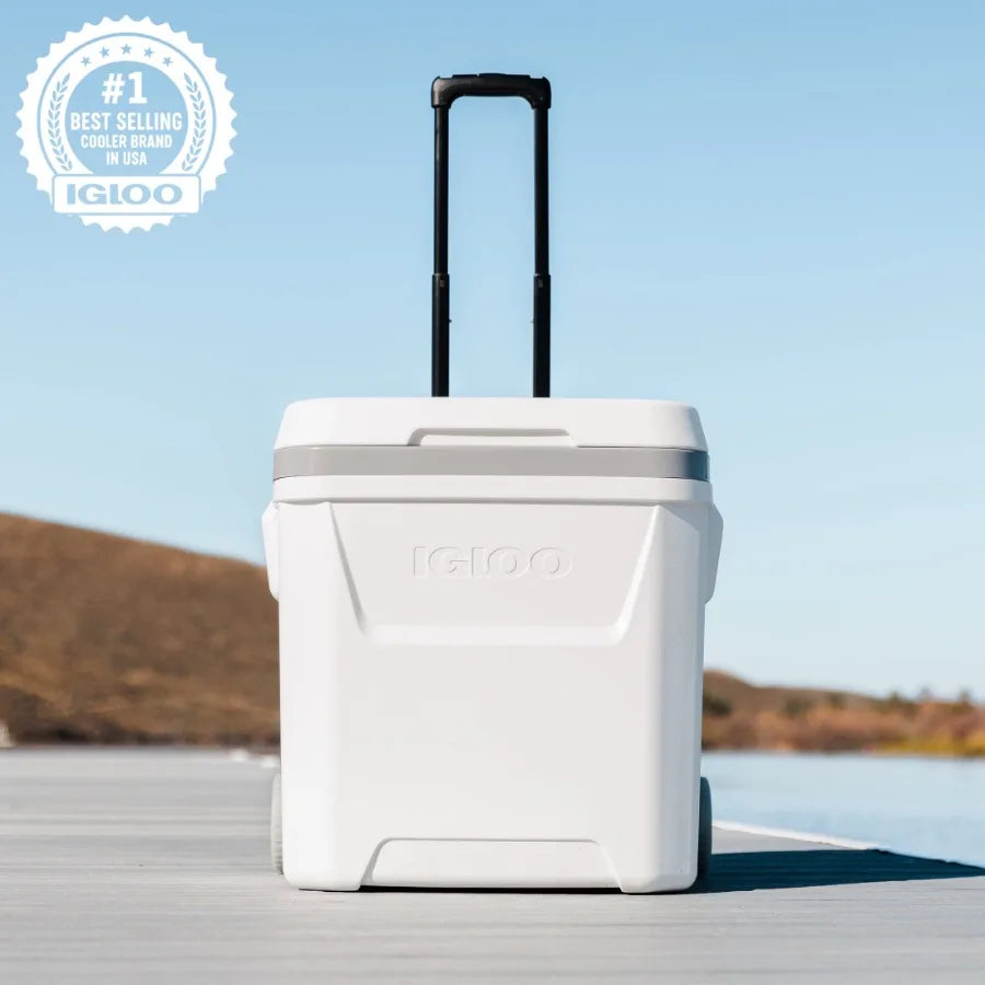 Marine ice chest cooler for outdoor use, polyethylene material, white color, 60-quart capacity with wheels for easy mobility