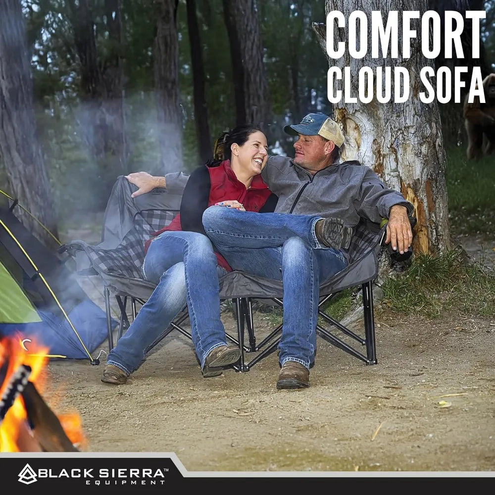 Double Camping Chair for Adults, Oversized Folding Loveseat Supports 600 lbs, Plush Padded Outdoor Couch with Cup H