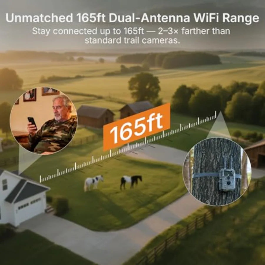 Wildlife monitoring trail camera, E6+ WiFi model, black, 64MP resolution with dual antennas and 165 ft WiFi range, no-glow nigh