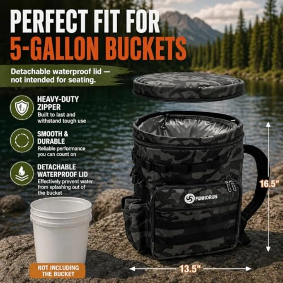 Fishing Bucket Organizer for 5 Gallon Bucket, Fishing Tackle Bag with Backpack Straps, Detachable Lid and Multi-Pockets for Sto