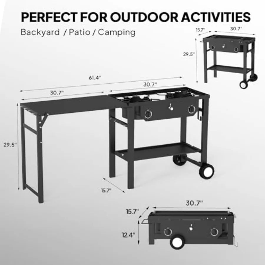 Outdoor propane stove for backyard patio cooking BBQ, stainless steel, black, 150, 000 BTU with auto ignition, work station, wh