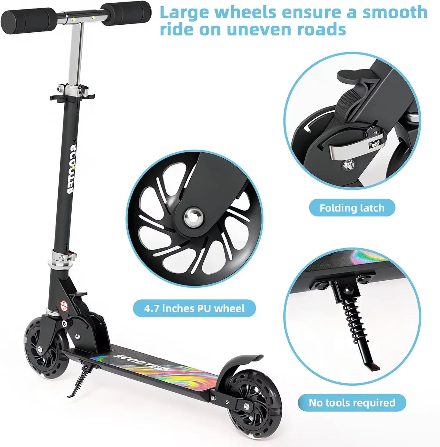 Foldable Kids Kick Scooter for Boys & Girls Ages 3+, 3-Level Adjustable Handlebar, Light-Up ABEC-10 Wheels Kick Scooter with Rear Brake, Suitable for Kids and Teens