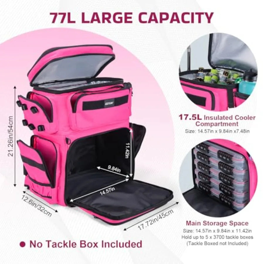 Fishing Backpack with Cooler, 66L 600D Tackle Backpack with 3 Rod Holders, Helmet Holder, Rain Cover, Saltwater Large Fishing B