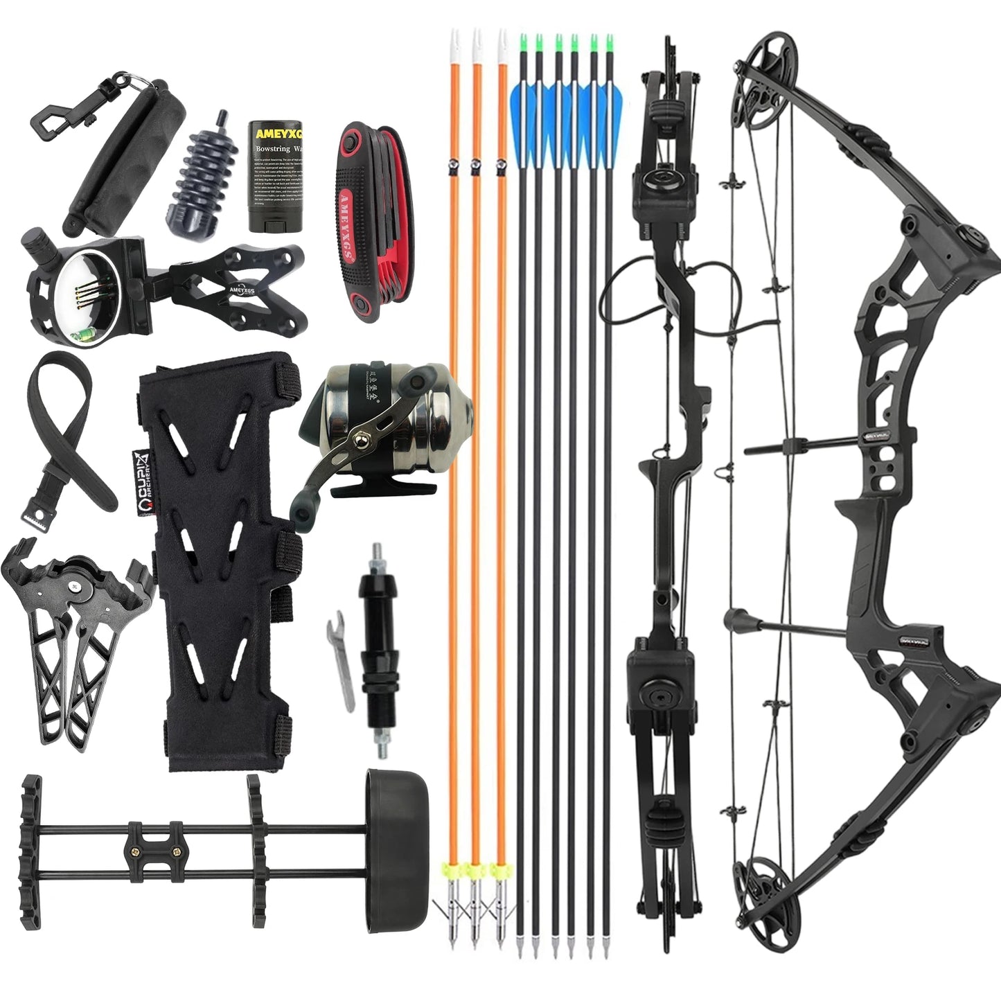 Bowfishing Compound Bow Set 20-70lbs Adjustable 320FPS 80% Let-off RH LH with Reel Arrows for Hunting Fishing Target