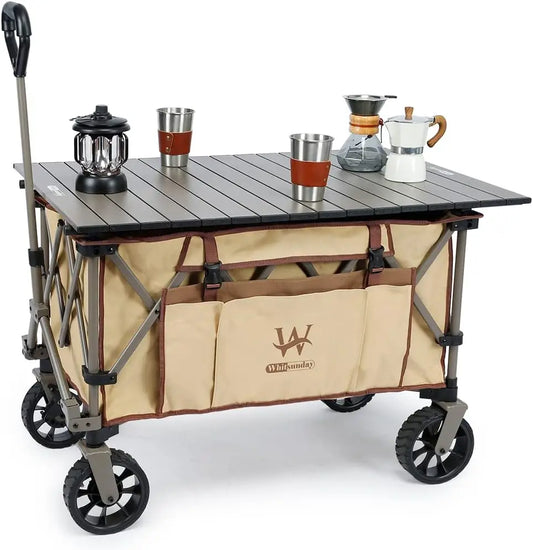 Folding Collapsible Wagon Cart, Beach Heavy Duty Wagon with Table,Utility Grocery Cart for Camping Sports Outdoor Shopping Park