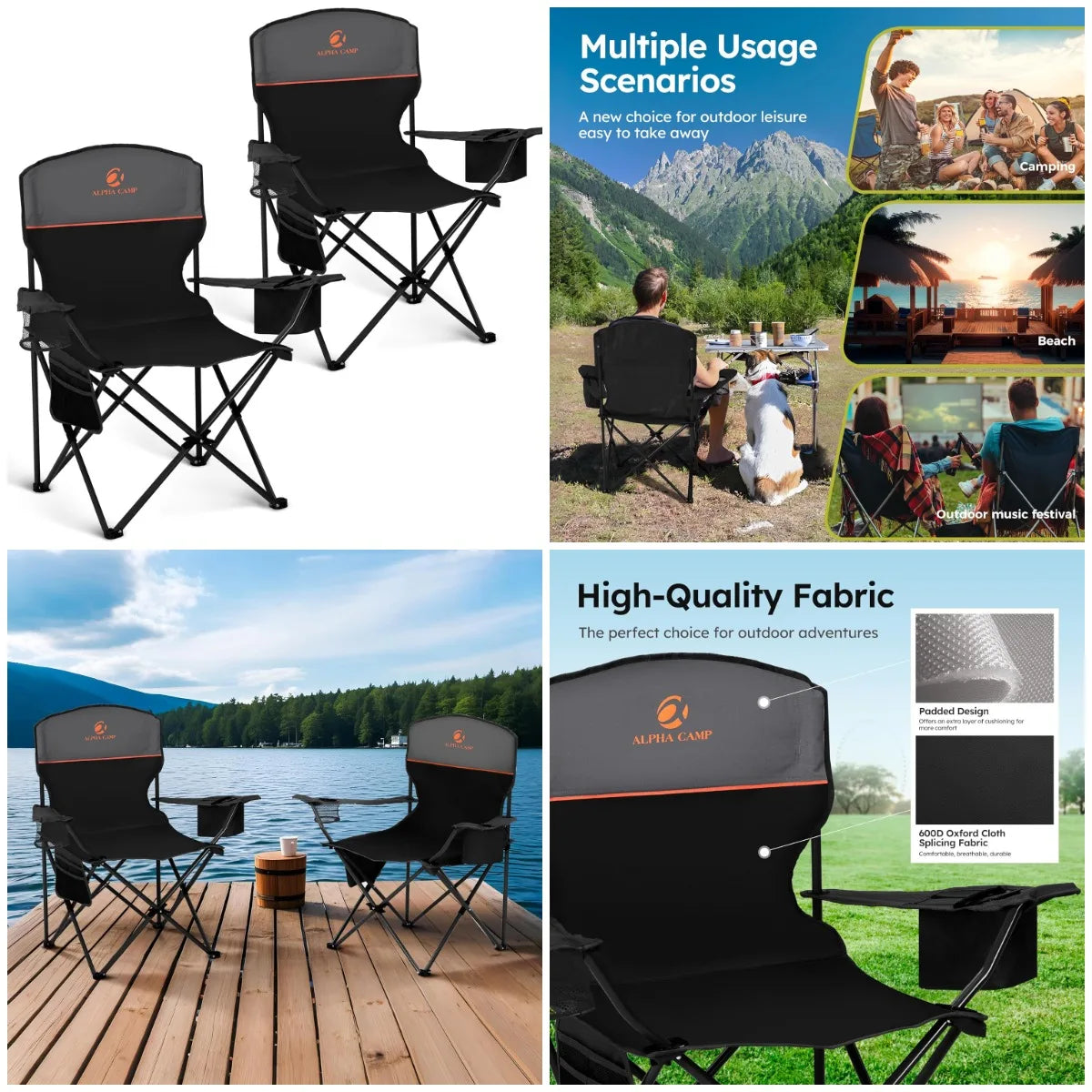 Camping Chair 2 Pack Portable Chair with 3-Can Cooler Folding Chair with Side Pocket and Cup Holder