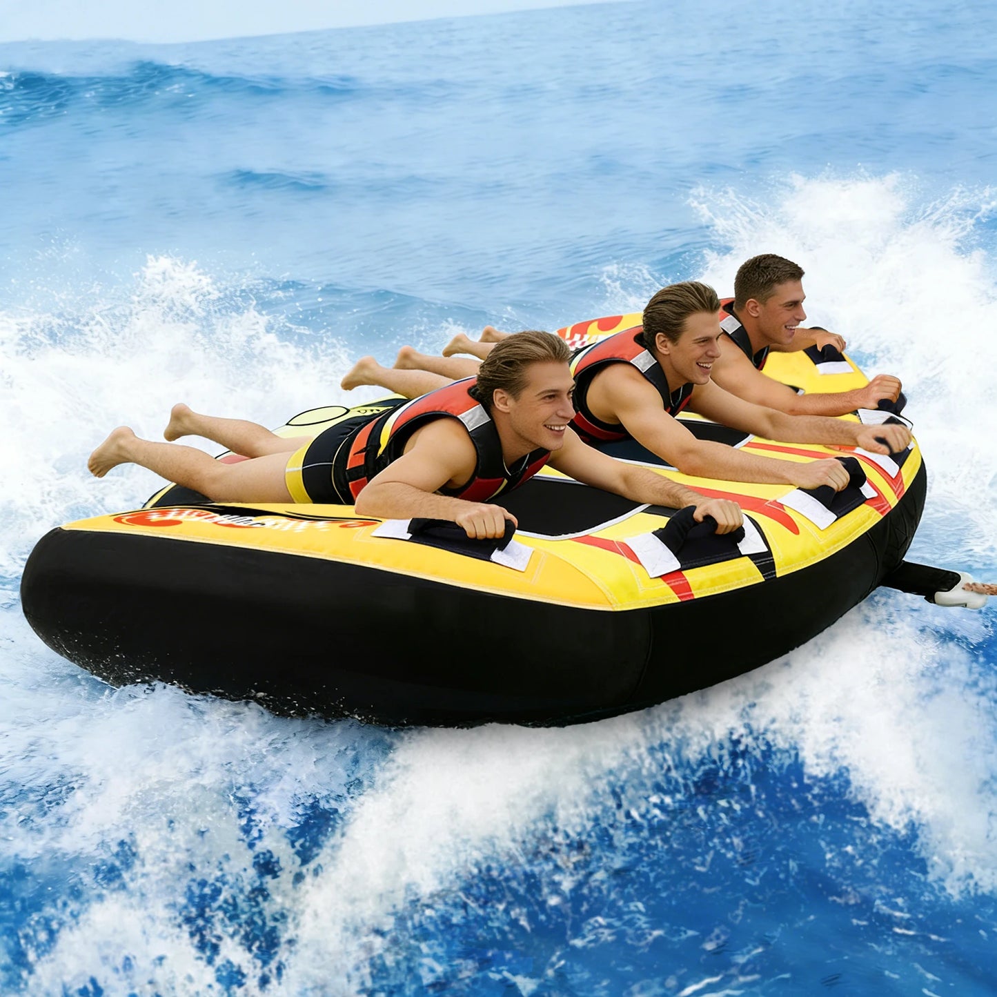 3 Person Towable Tube for Boating, Heavy Duty 840D Nylon Cover Pull Tube with Tow Points, Inflatable Water Tube for Lake River Water Sports Fun
