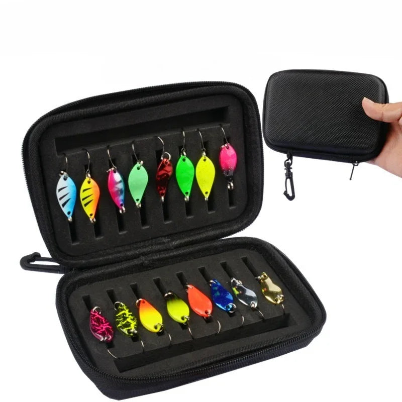 Fly Fishing Bait Rotating Spoon Bait with Foam Box Hard Fishing Accessory Bag Portable Bait Bag 16PCS