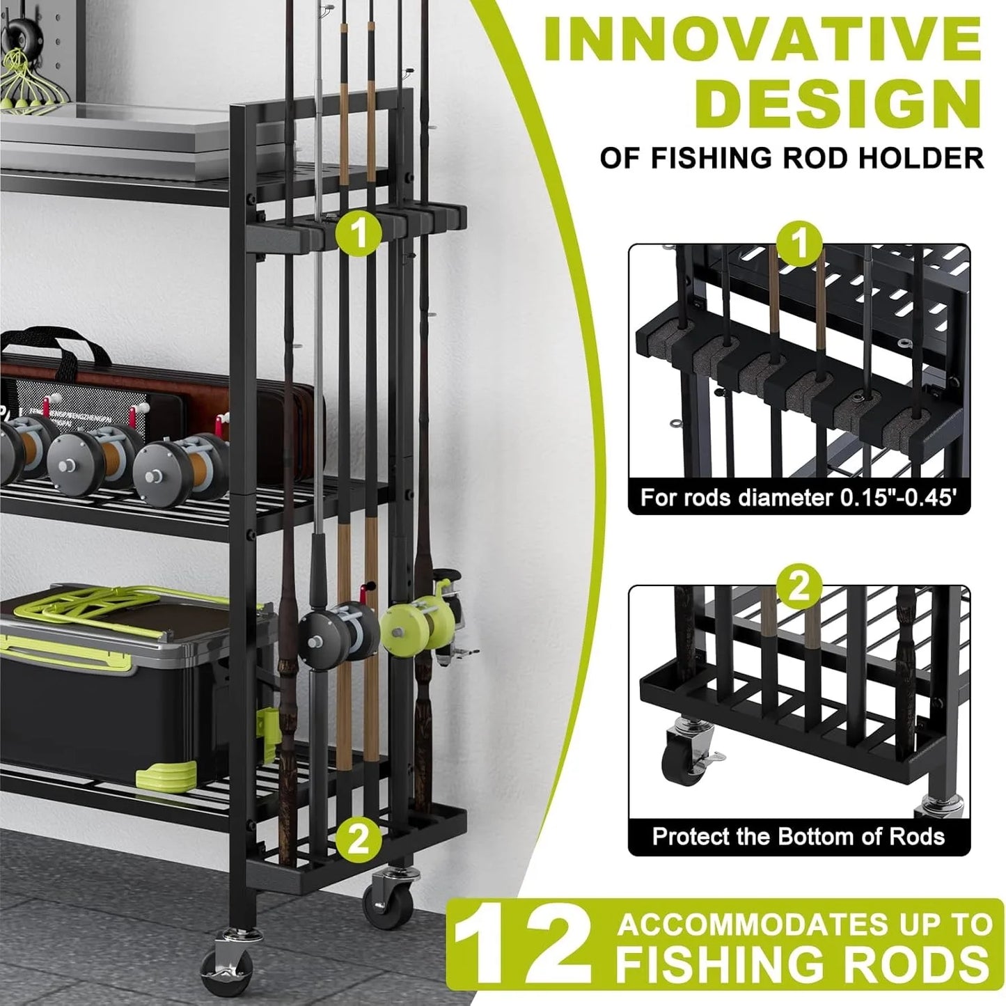 Garage fishing rod rack, fishing rod rack with wheels and pegboard, perfect for storing fishing tackle, backpacks and equipment