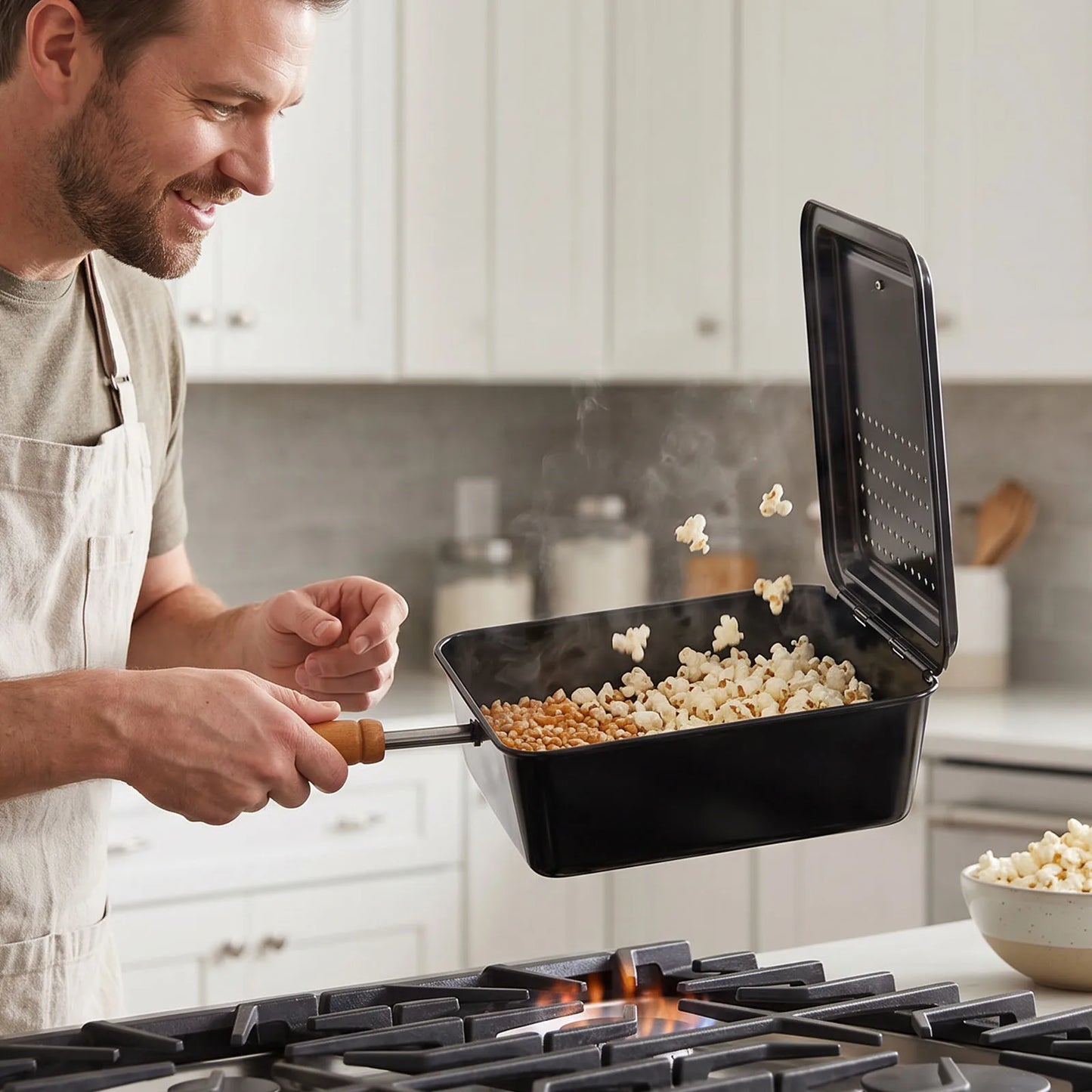 Cast Iron Popper with Nonstick Finish and Extended Handle Fireplace Popcorn Popper for Backyard RV Camping and Home Use