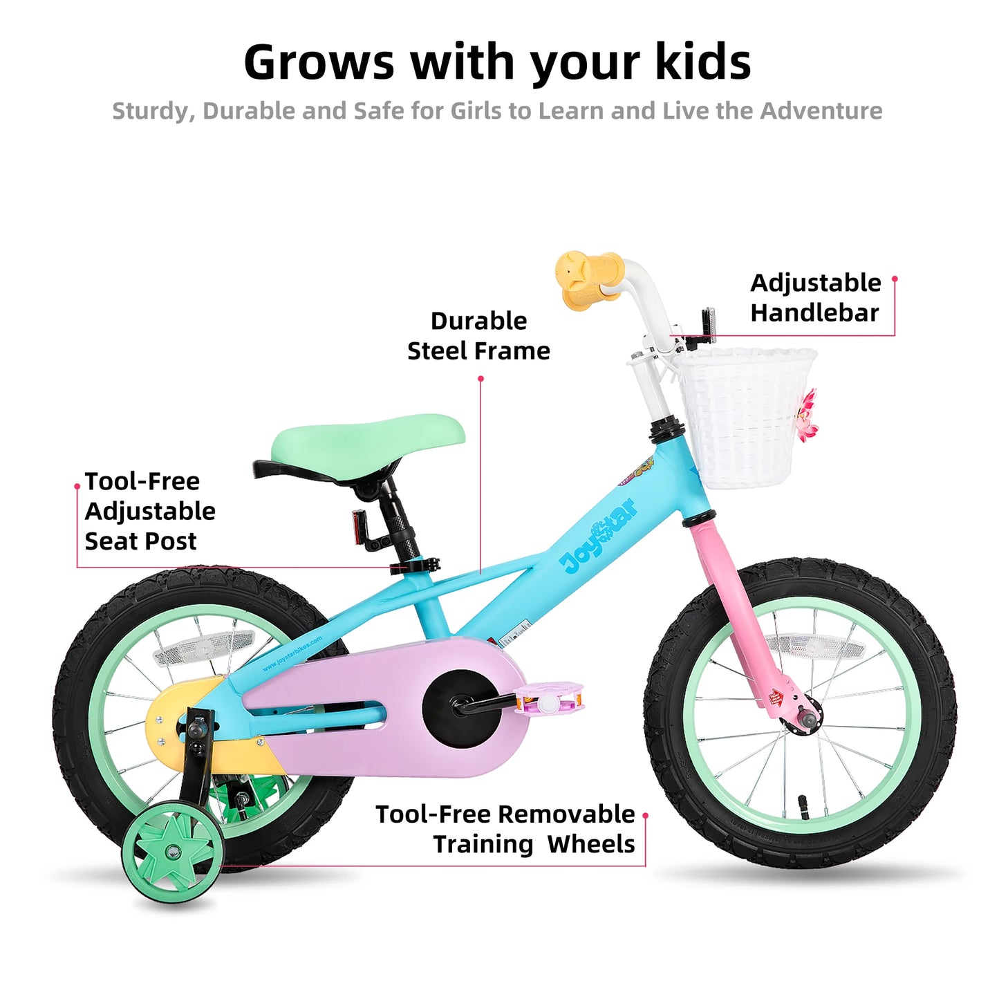JOYSTAR Macaroon 12-18 Inch Kids Bike for 2-9 Years Girls | Toddler Girls Bike with Training Wheels & Basket, Rainbow Bikes, Children Bicycle