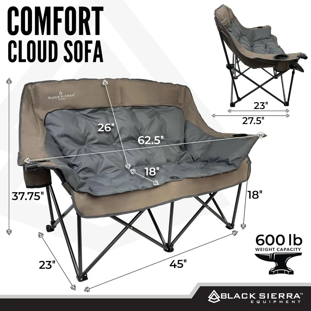 Double Camping Chair for Adults, Oversized Folding Loveseat Supports 600 lbs, Plush Padded Outdoor Couch with Cup H