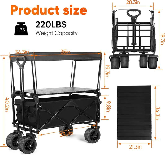 Collapsible Wagon with Table & Canopy, Heavy Duty Beach Cart for Outdoor Camping Shopping