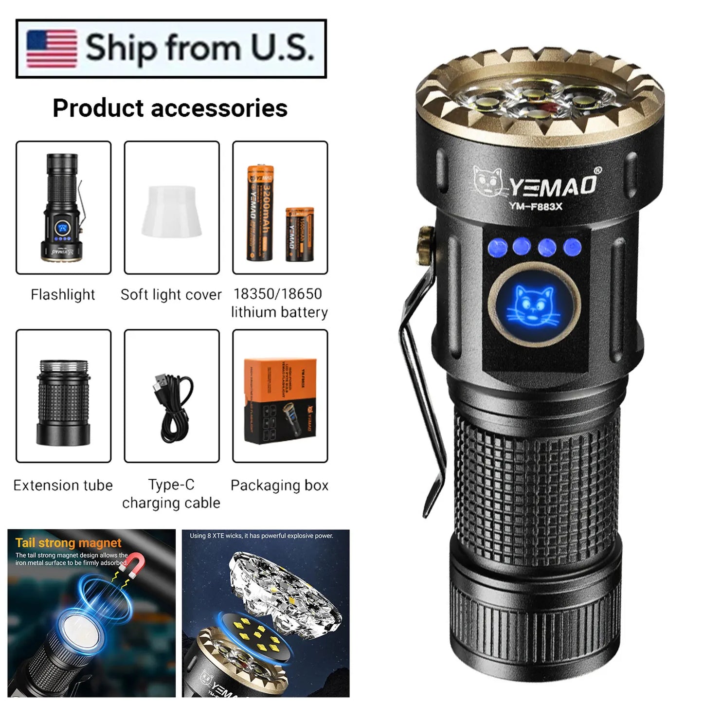 USB-C Rechargeable Tactical Flashlight 1500 Lumens Slim Flat Shape Torch with Spotlight Floodlight Strobe Modes Digital Display