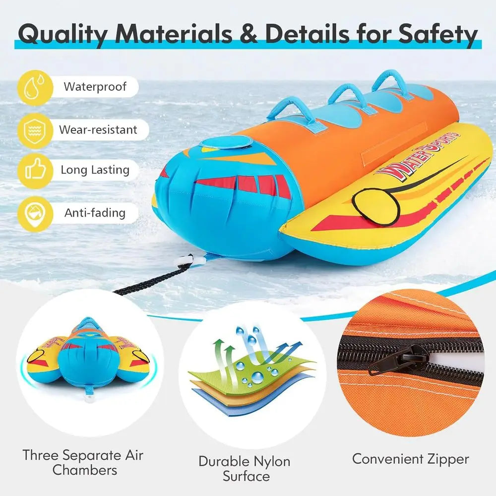 Towable Tubes for 1-3 Riders, Inflatable Hot Dog or Banana Boat with Cushioned Seats for Water Sports