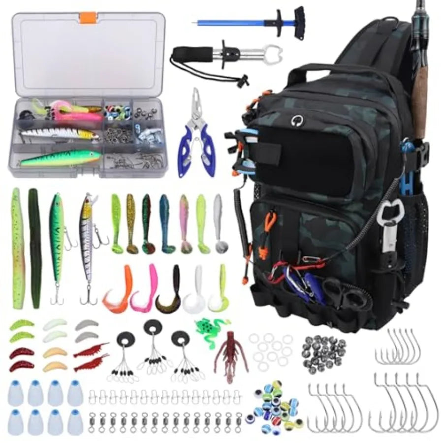 Fishing Backpack with Tackle Boxes, Waterproof Fishing Shoulder Bag with Rod Holder, Fish Bag with 136 Pcs Fishing Lures Kit, F